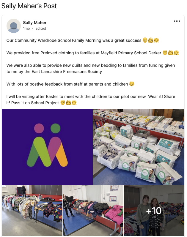 Sally Maher - Linkedin Post - Community Waredrobe - Catalyst Services UK in the Community