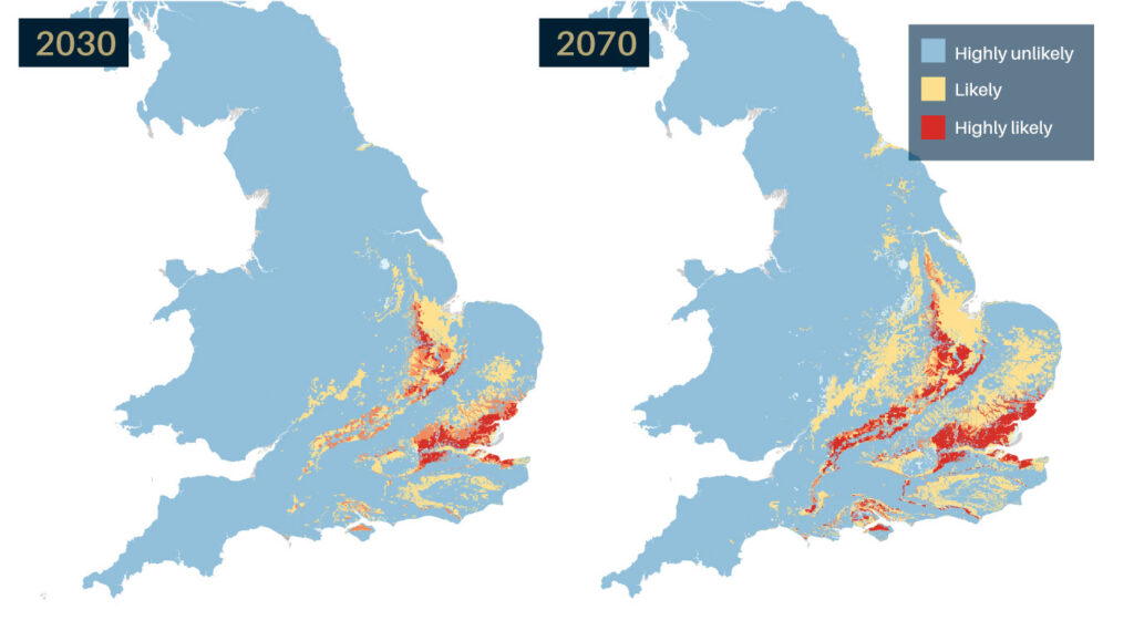 GeoClimate UKCP18 projections - identifying areas expected to experience the largest increases in susceptibility to subsidence by 2030 and 2070. Source- BGS © UKRI – Contains Ordnance Survey data © Crown copyright and database right 2022